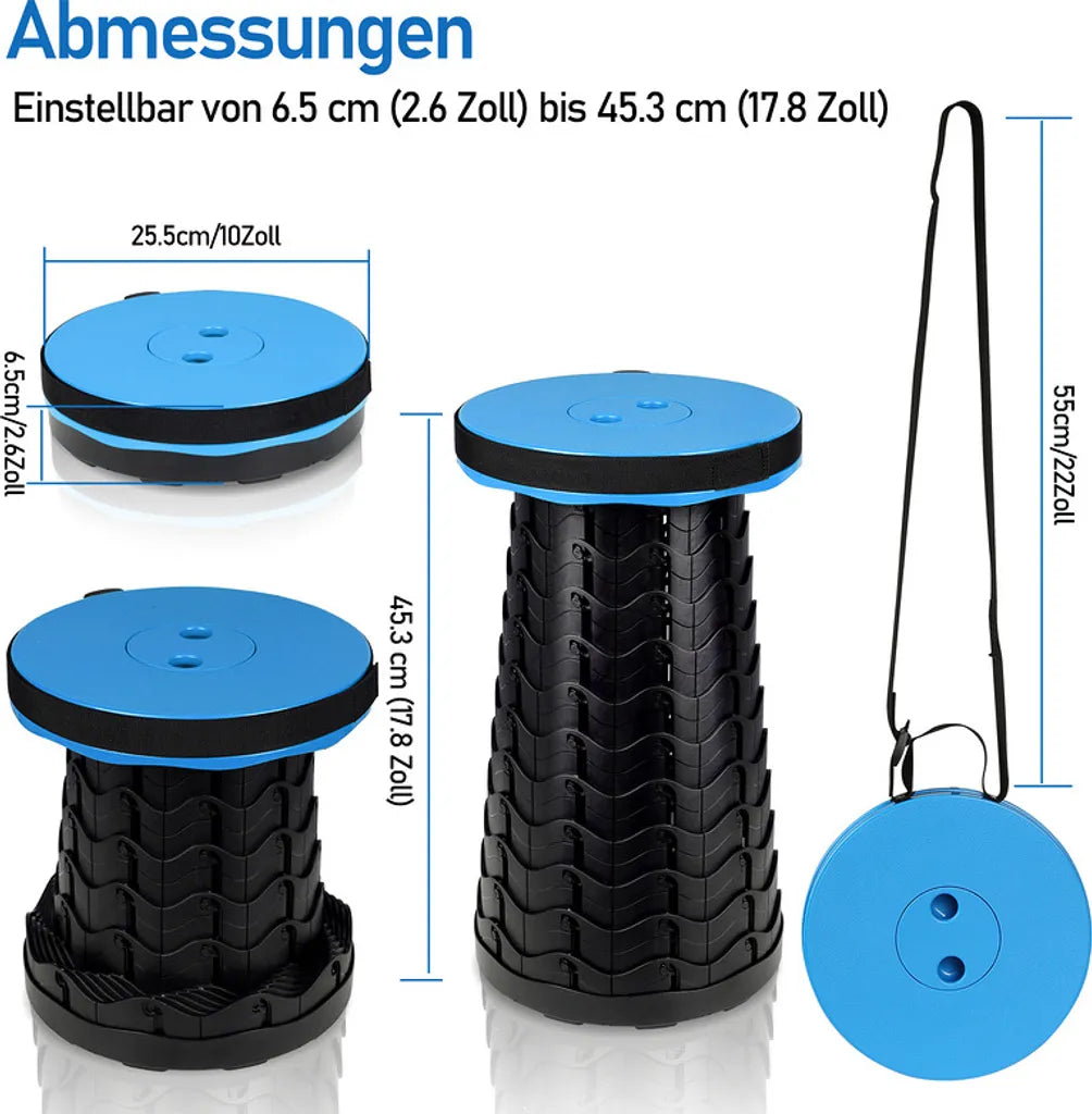 Přenosná skládací teleskopická stolička 150 kg, nastavitelná, modrá