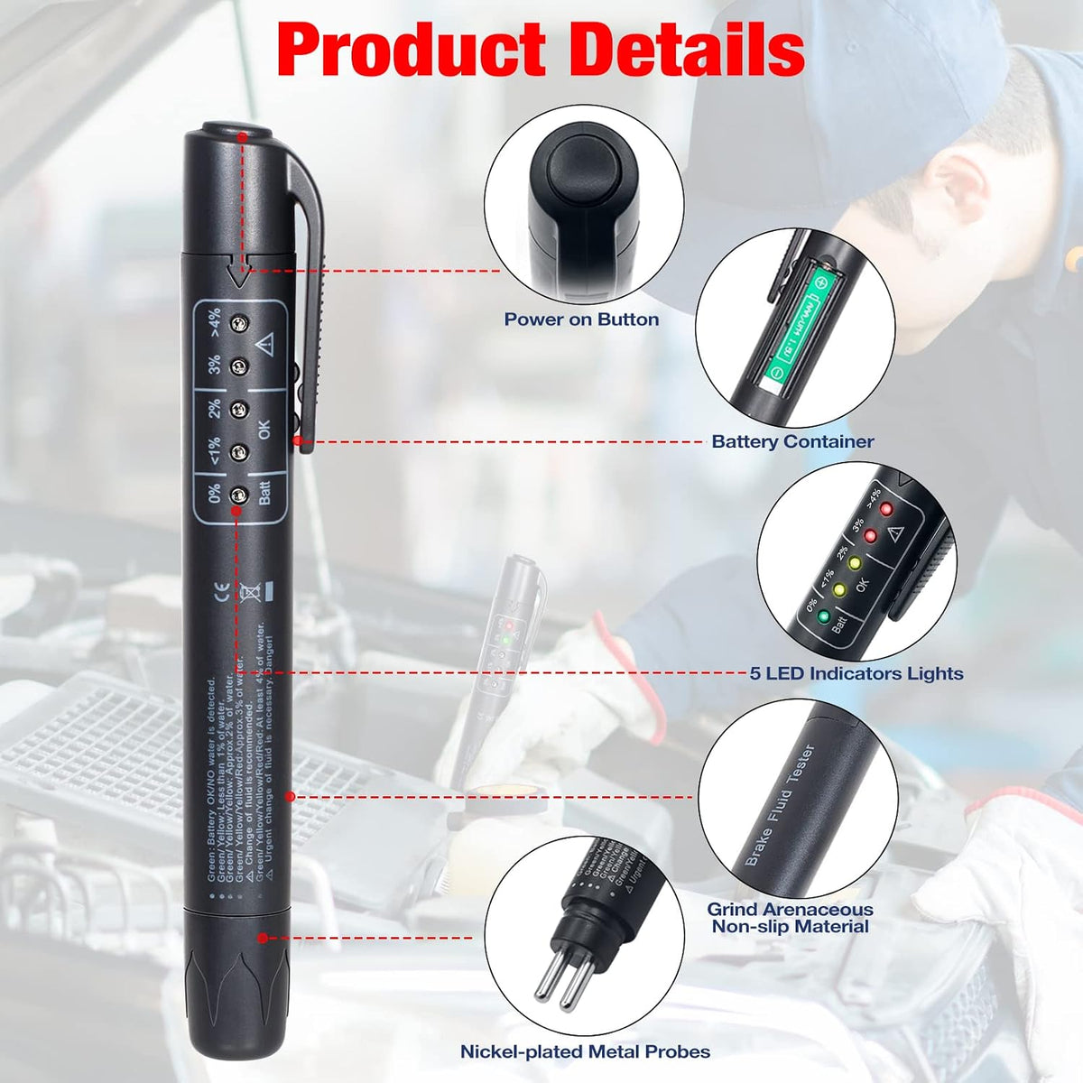 Tester brzdové kapaliny s 5 LED indikátory DOT3/DOT4/DOT5.1
