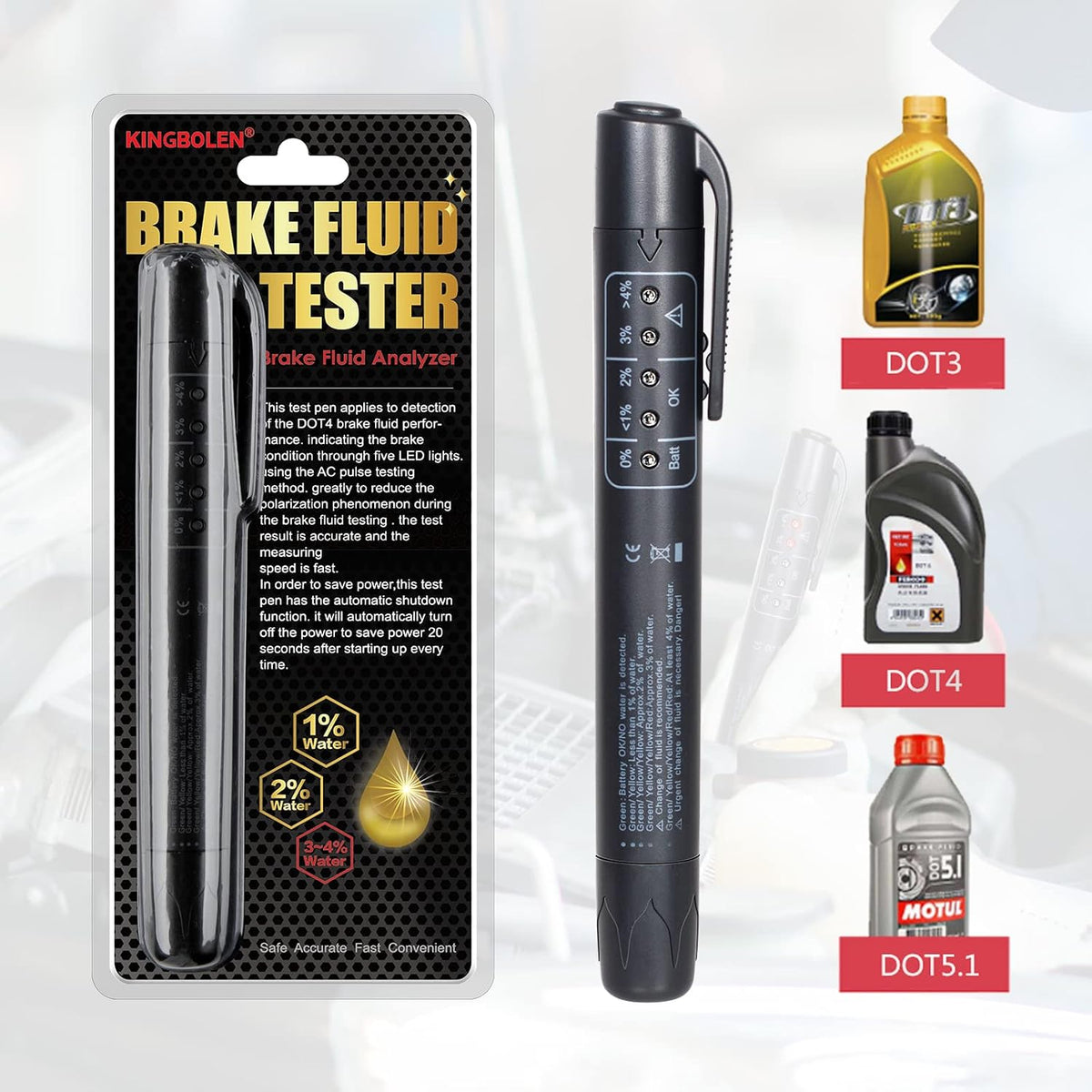 Tester brzdové kapaliny s 5 LED indikátory DOT3/DOT4/DOT5.1